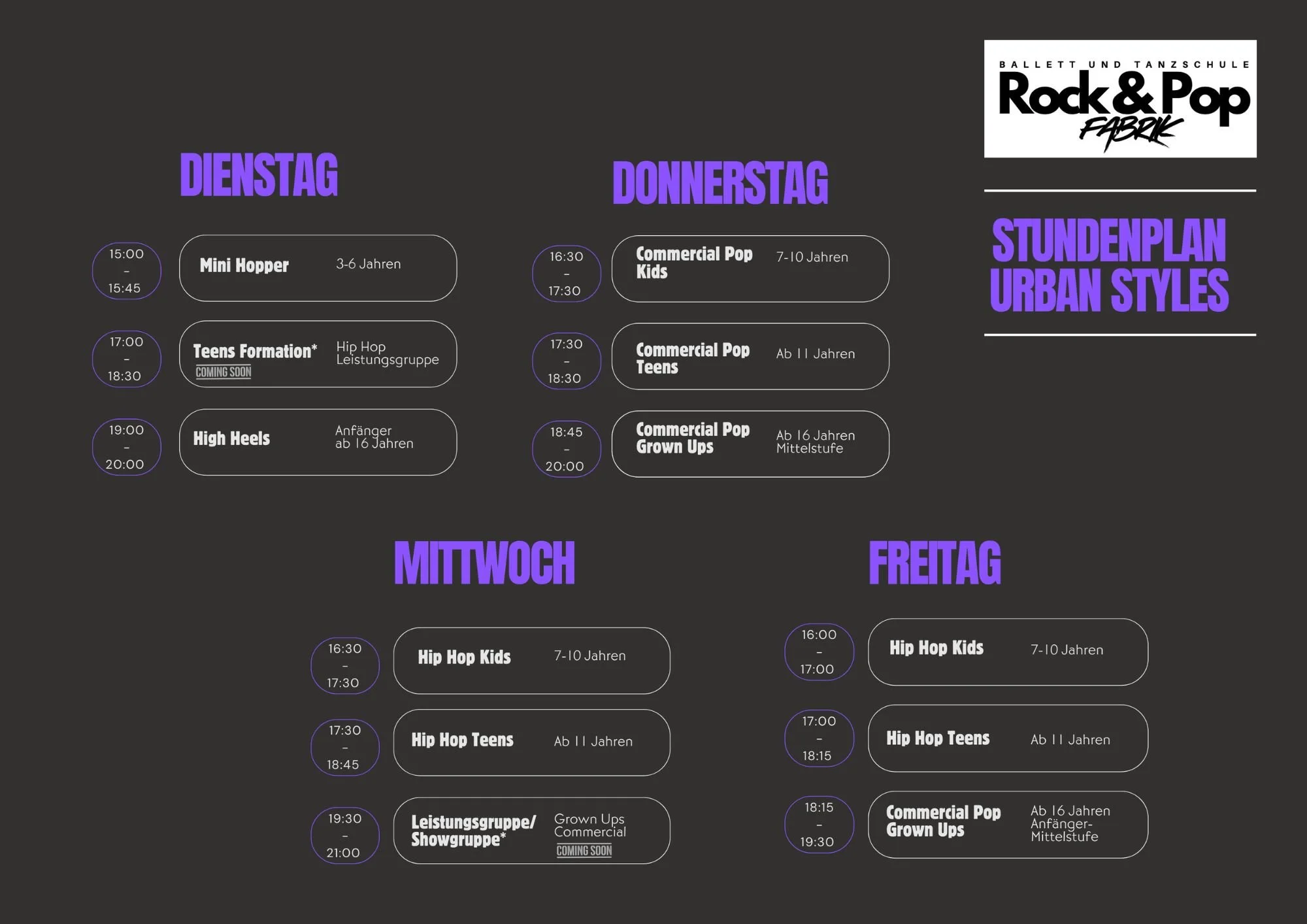 Der Stundenplan einer Tanzschule namensRock & Pop Fabrikmit verschiedenen Kursen an Wochentagen, farblich gekennzeichnet, in Schwarz, mit weißen Texten und einem Logo in der oberen rechten Ecke.
