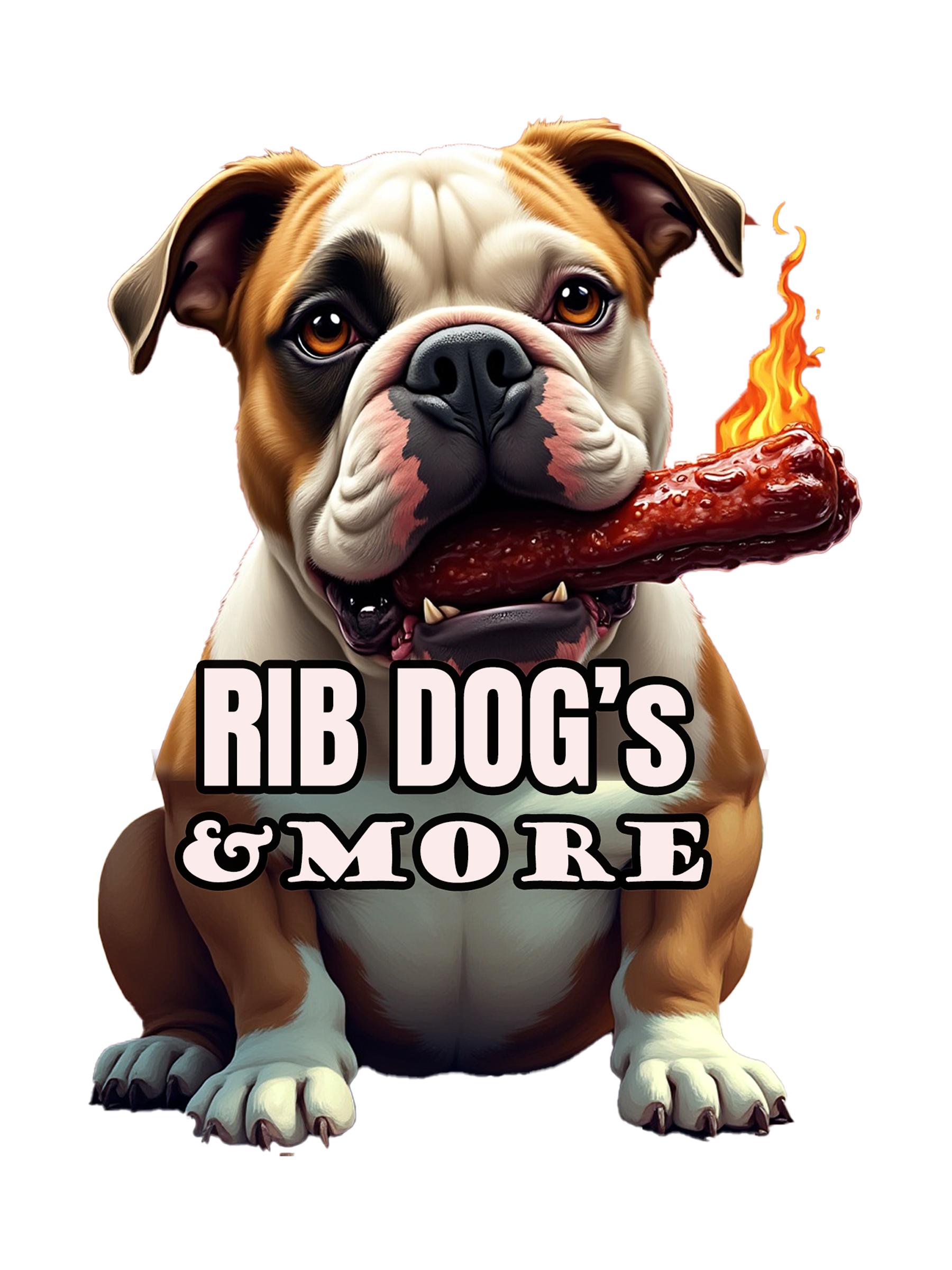 Illustration of a bulldog holding a large, charred rib bone in its mouth with flames on one side, and the text 'Rib Dog's & More' overlaid.