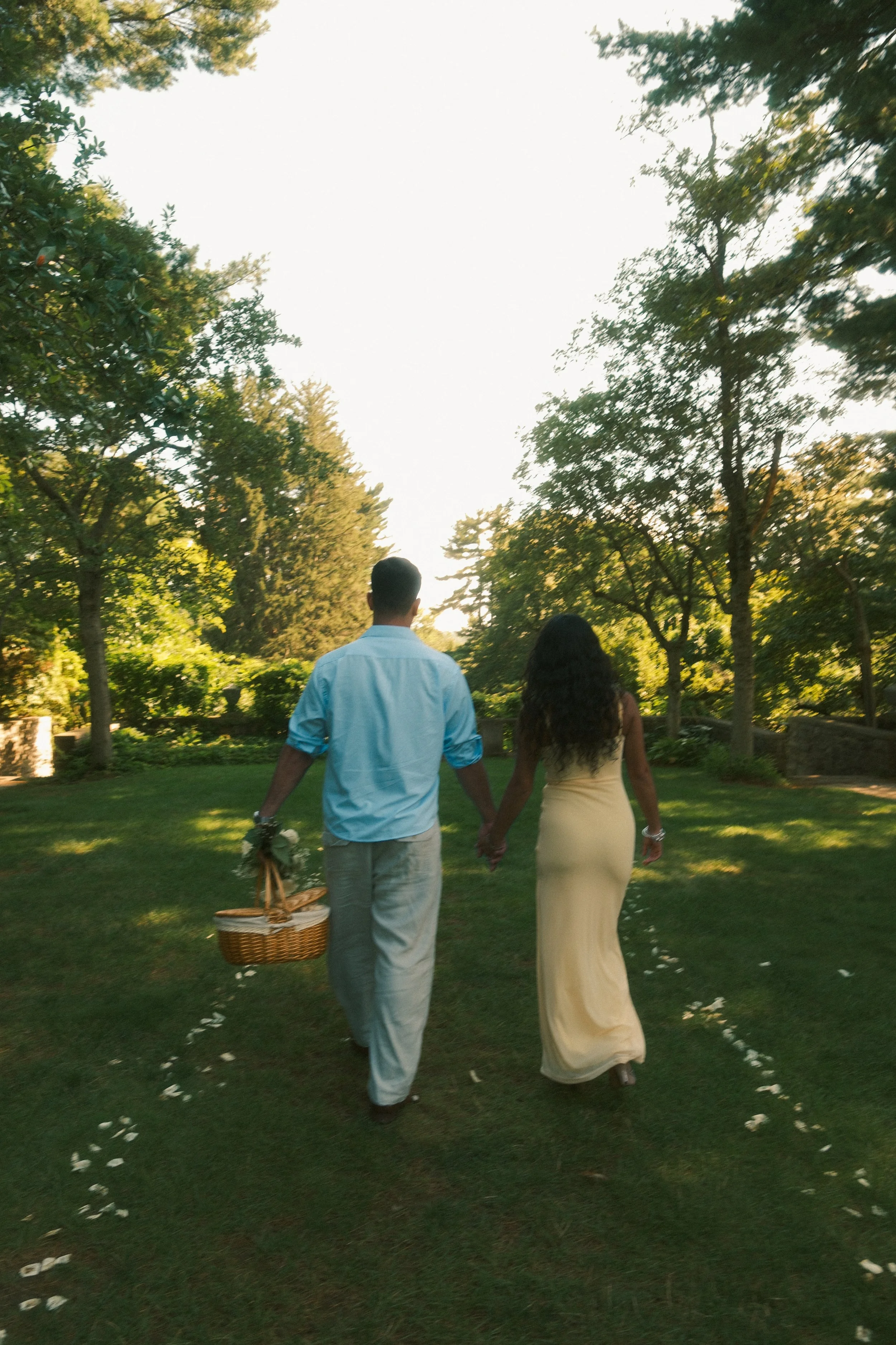 A couple walking hand in hand in a park surrounded by trees, with a man holding a basket and some flowers, and petals scattered on the ground.