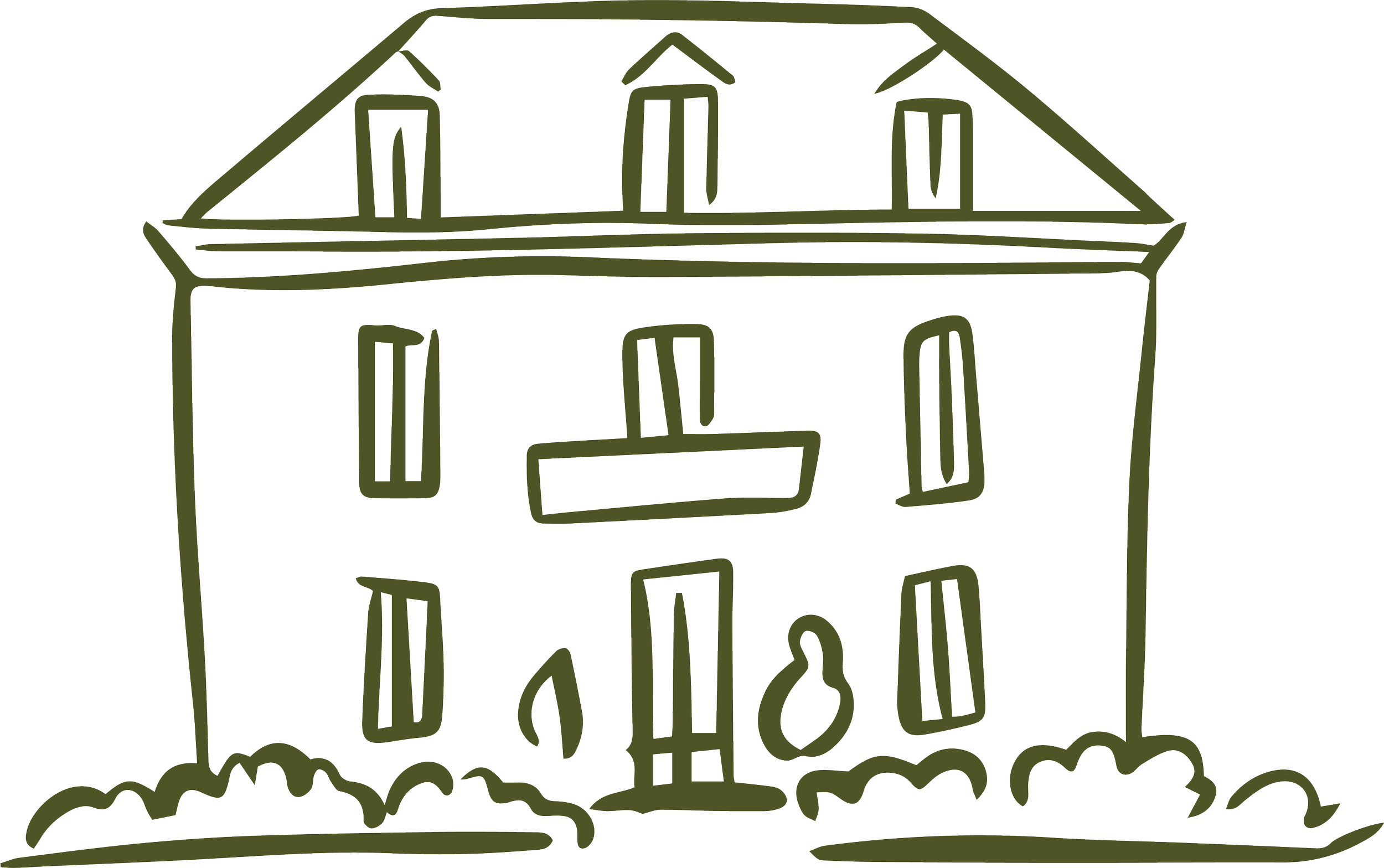 Line drawing of a three-story house with a mansard roof, multiple windows, and bushes in front.