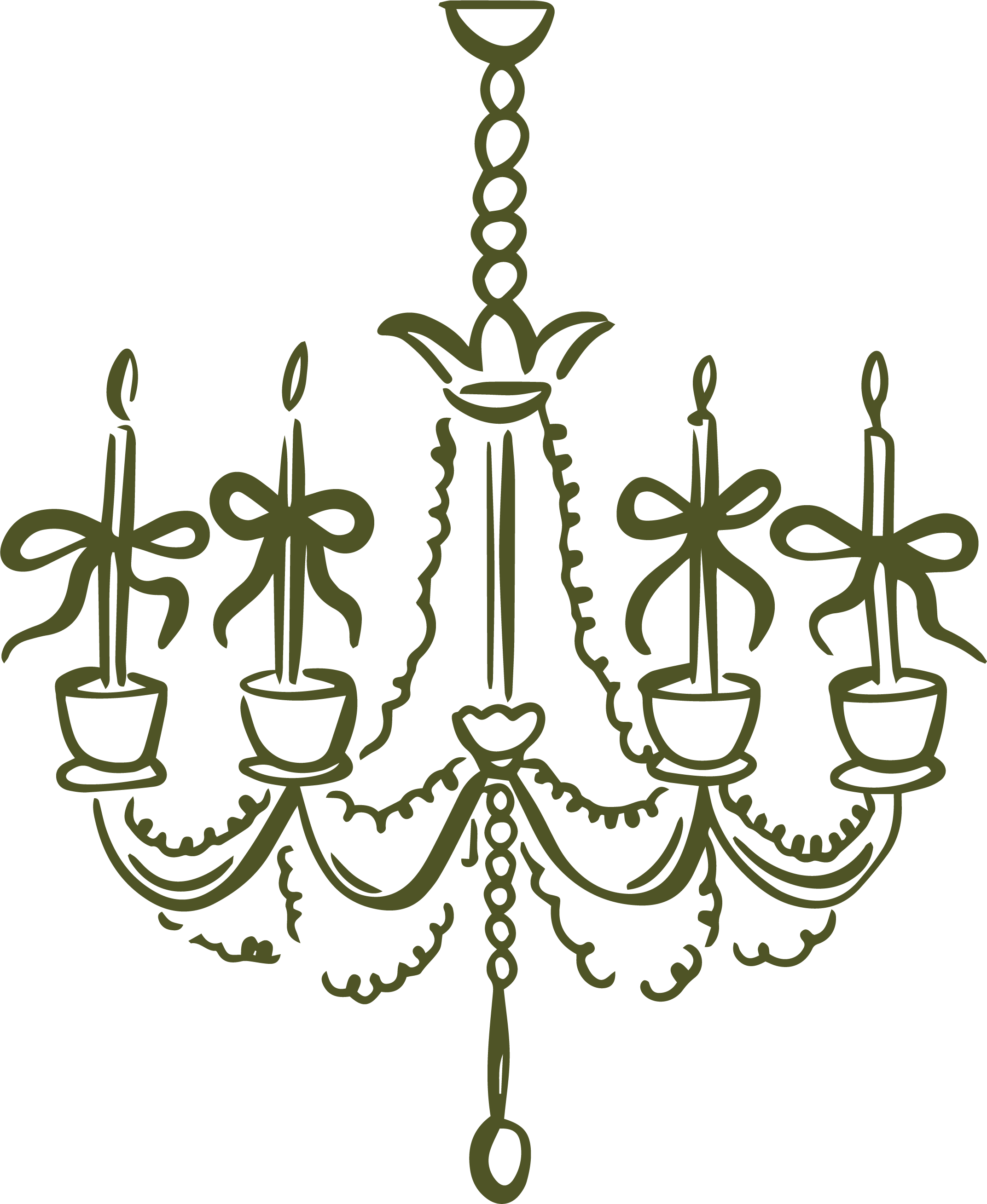 Line drawing of a chandelier with five candle-shaped lights, decorative bows, and hanging chains.