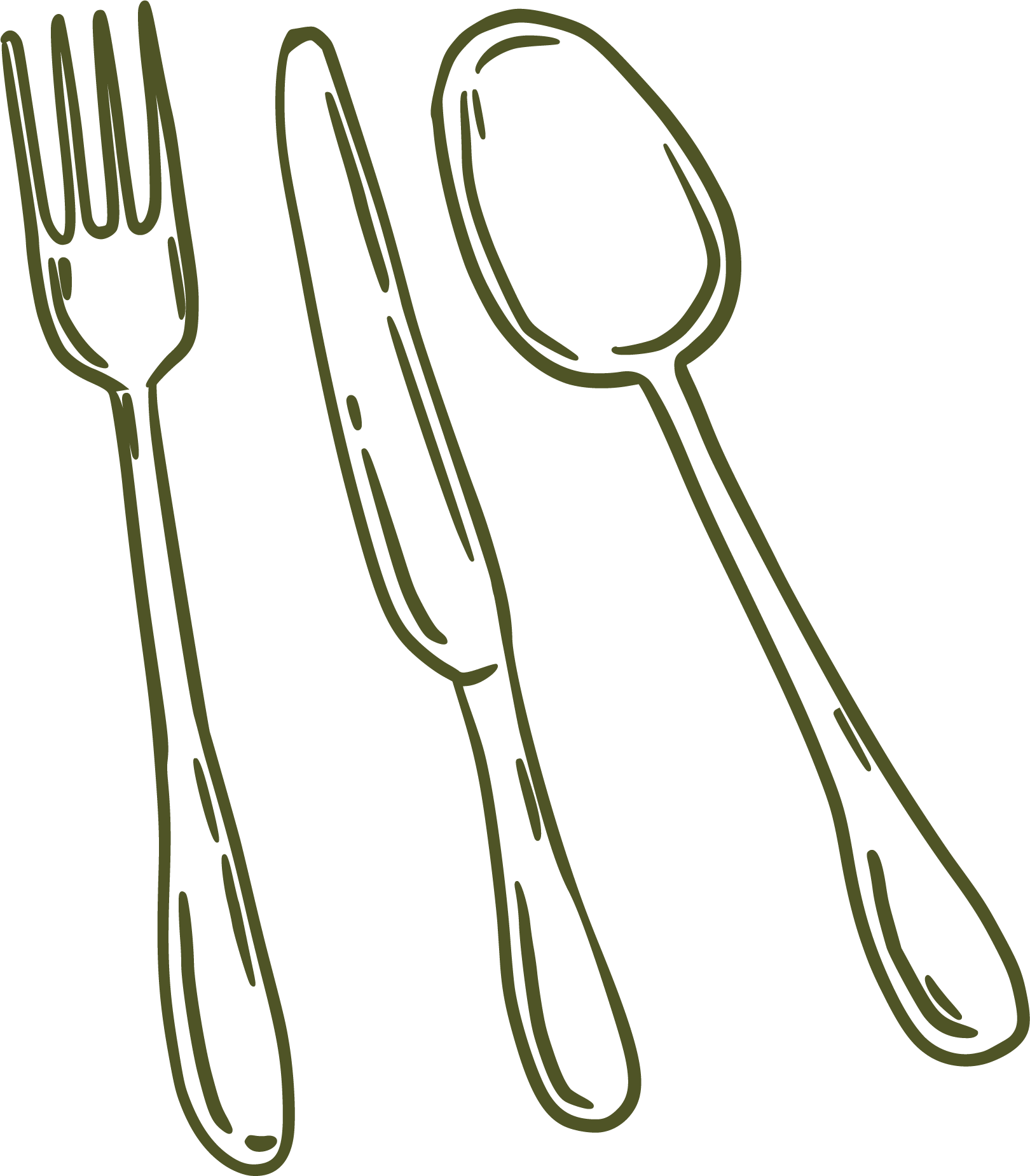 Outline drawing of a fork, knife, and spoon