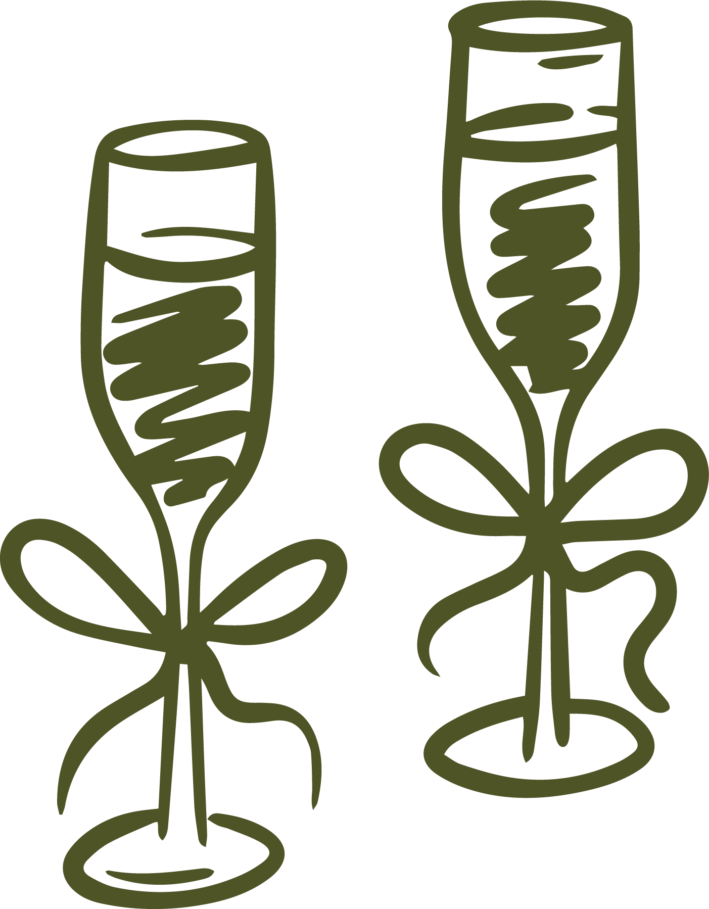 Two line drawings of champagne glasses decorated with bows.