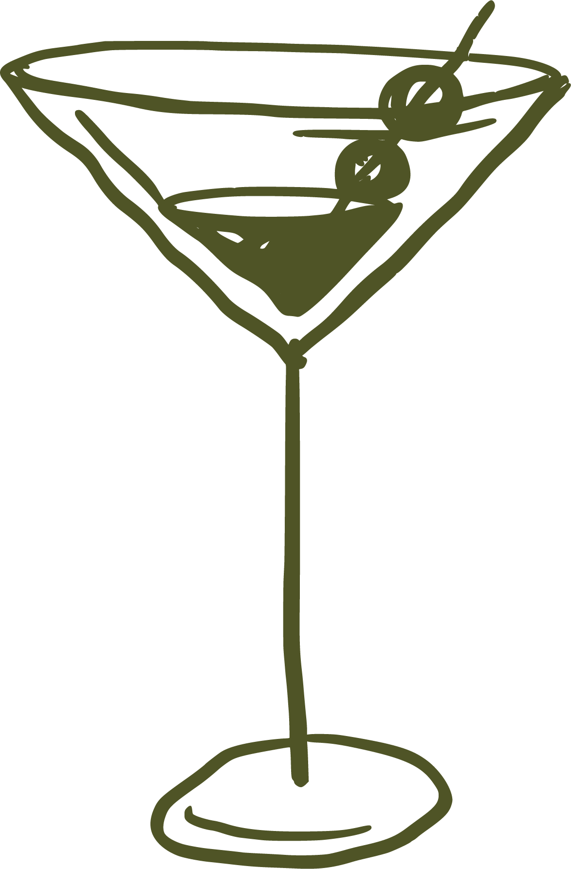 Line drawing of a cocktail glass with a stir stick and olives inside.