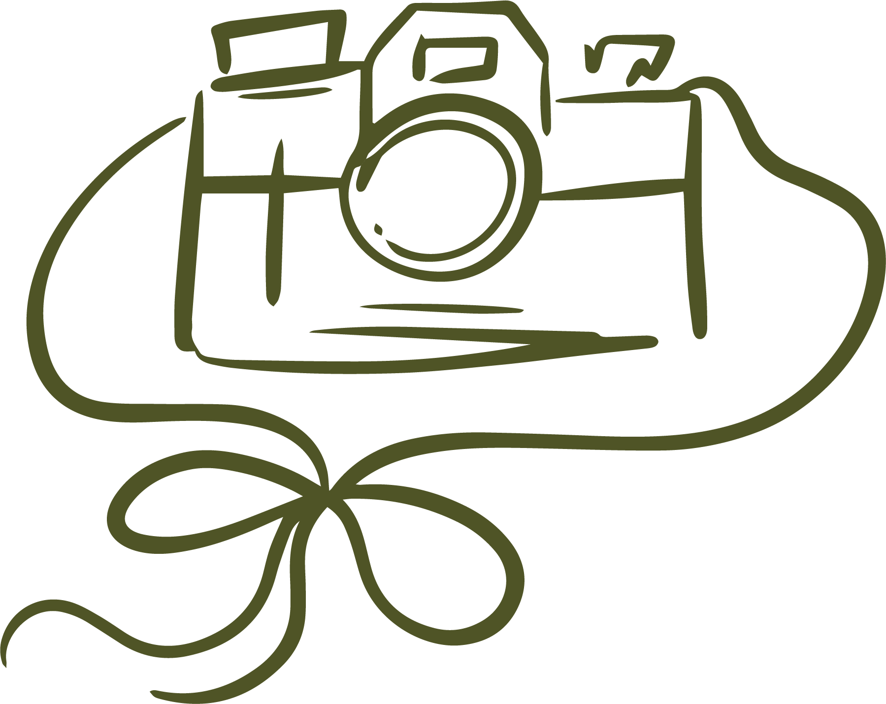 Outline drawing of a vintage camera tied with a bow.
