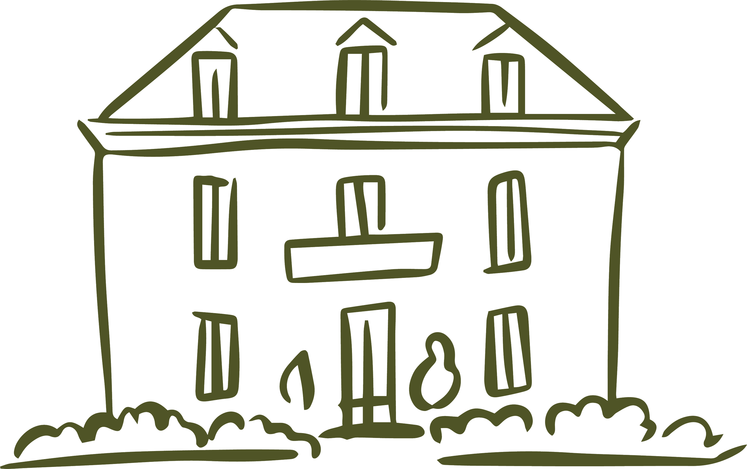 A sketch of a three-story house with a gabled roof and multiple chimneys, surrounded by bushes