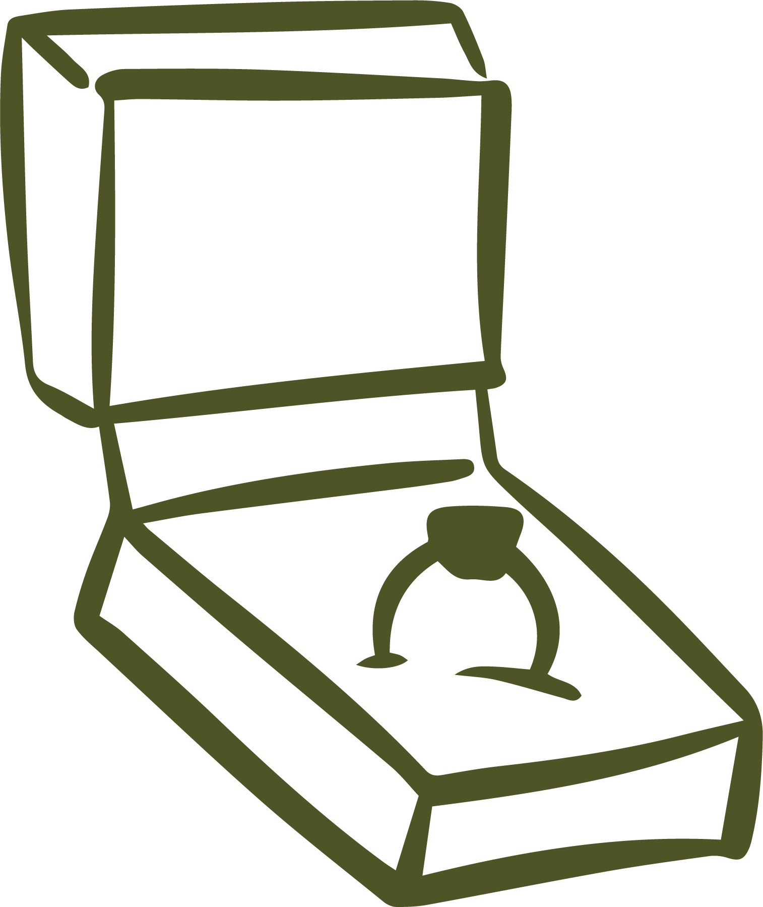 Line drawing of an open jewelry box with a ring inside.