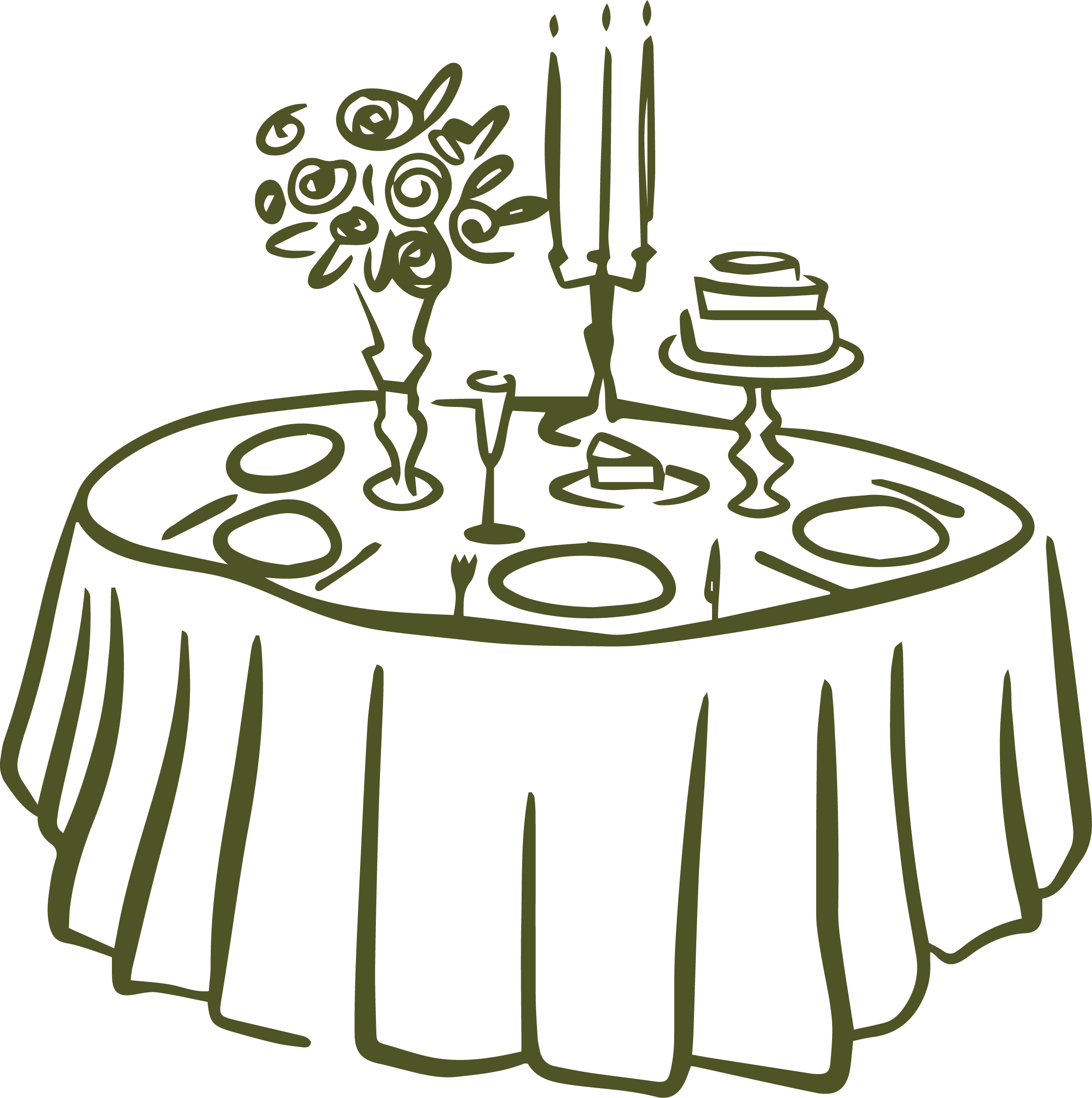 Line drawing of a round table with a tablecloth, set for a dinner with plates, wine glasses, a bunch of flowers in a vase, a cake on a cake stand, three tall candles, a small dish, and a slice of cake, all in a minimalist style.