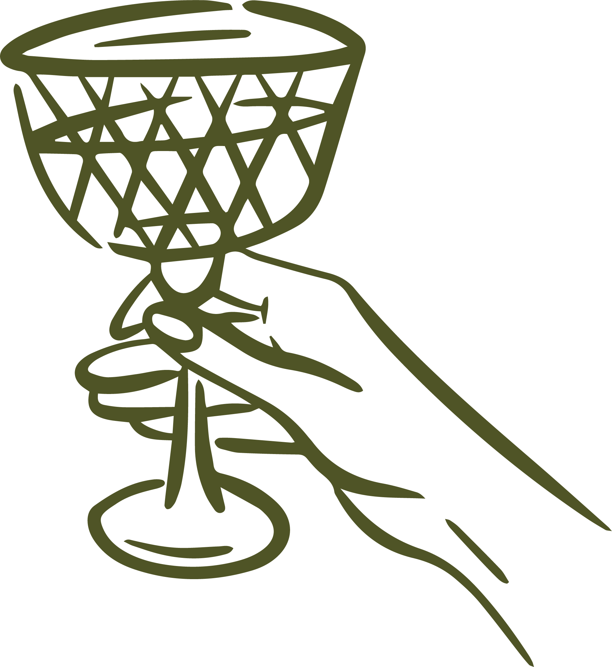 Line drawing of a hand holding a small glass with a decorative geometric pattern, possibly a wine or cocktail glass.