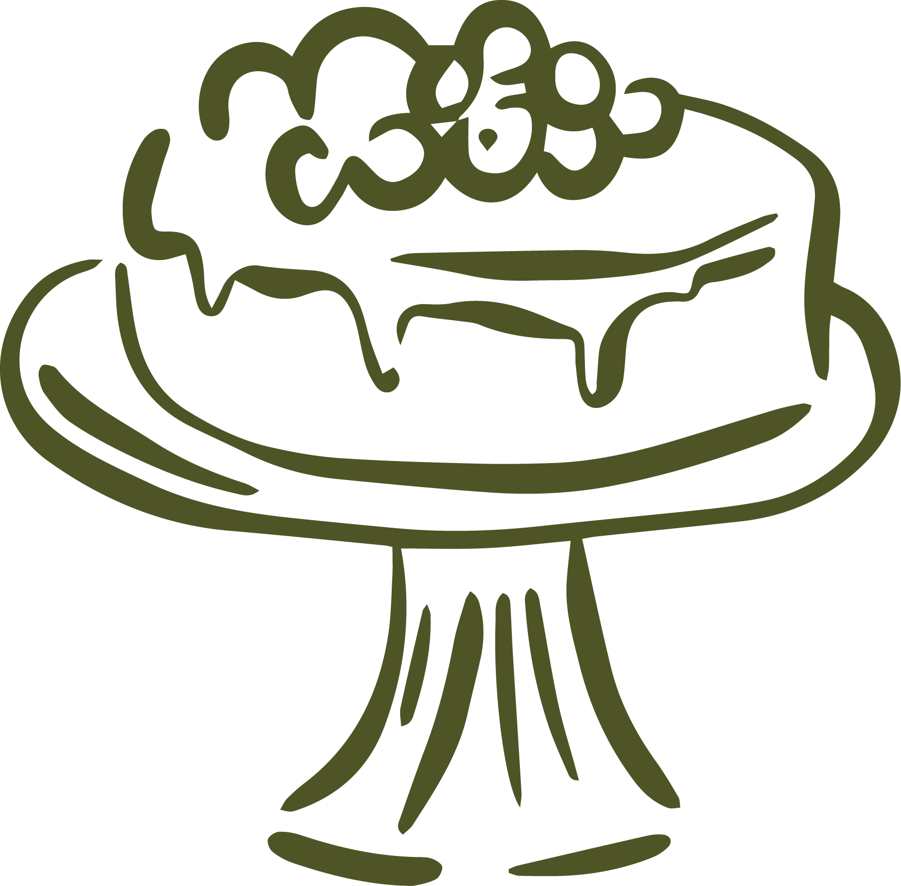 Line drawing of a cake on a cake stand with a decorative topping.