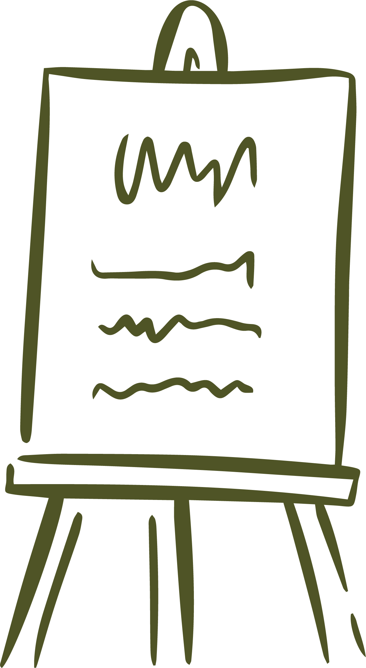 A simple line drawing of an easel with a presentation board displaying various abstract lines and shapes.