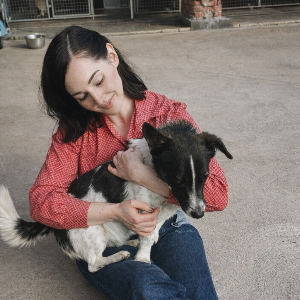 Ella is in a red patterned shirt sitting on the ground, gently holding and cuddling a black and white dog.