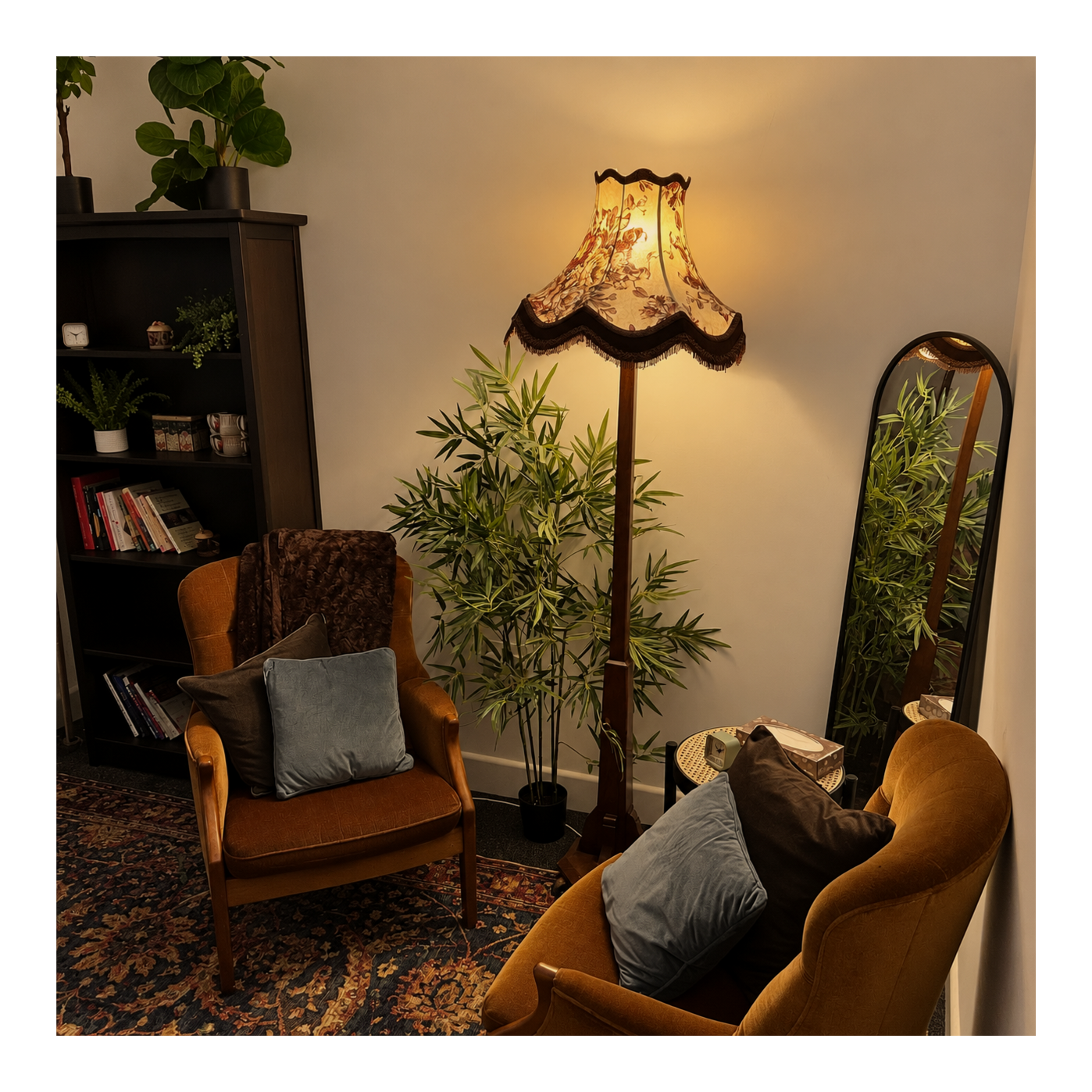Therapy room corner with two orange velvet armchairs, a floor lamp with a floral lampshade, tall potted plant, mirror, bookshelf, and pillows.