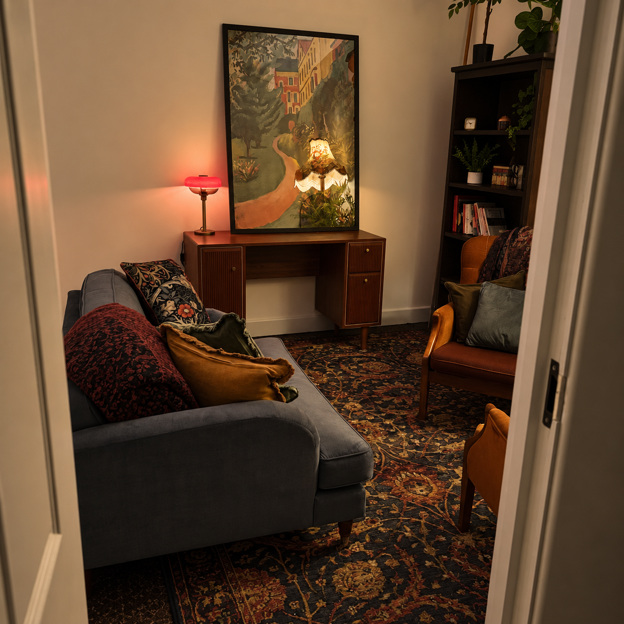 A cozy room with a blue sofa, a wooden armchair, and a black bookshelf filled with books and plants. A framed painting of a colorful street scene hangs above a wooden console table, which has a small pink table lamp. The room has a patterned area rug and decorative pillows on the furniture.