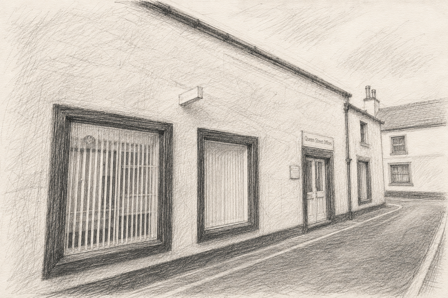 A sketch of a building with a sign that reads "Queen Street Offices." The building has large ground floor windows, and a double door onto the street. There are other residential buildings nearby, and a narrow road runs in front of the building.