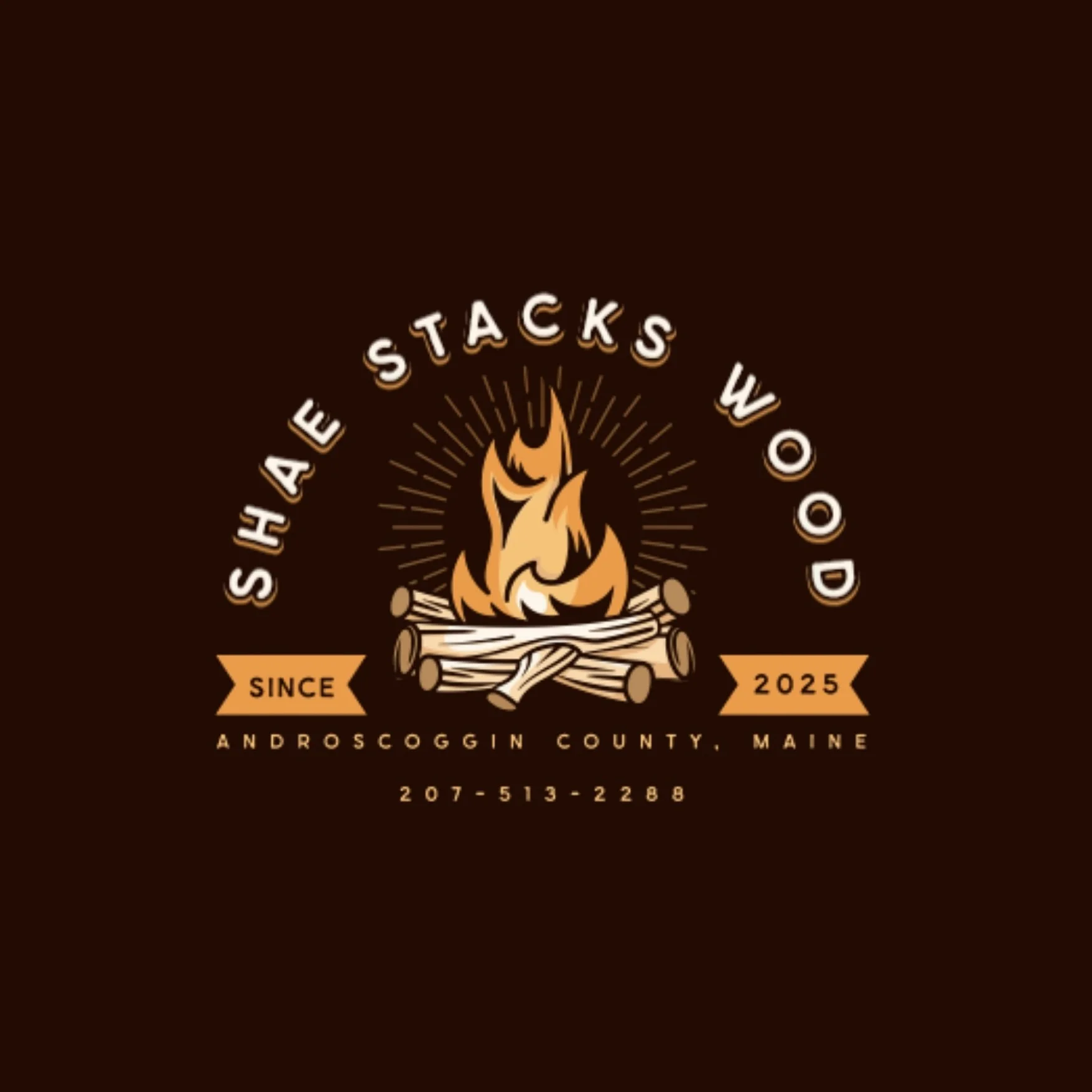 Logo for Shake Stacks Wood, featuring a campfire with flames and logs, and text indicating the establishment has been open since 2025 in Androscoggin County, Maine, with contact number 207-513-2288. Tree Service Maine, Learned Tree Service