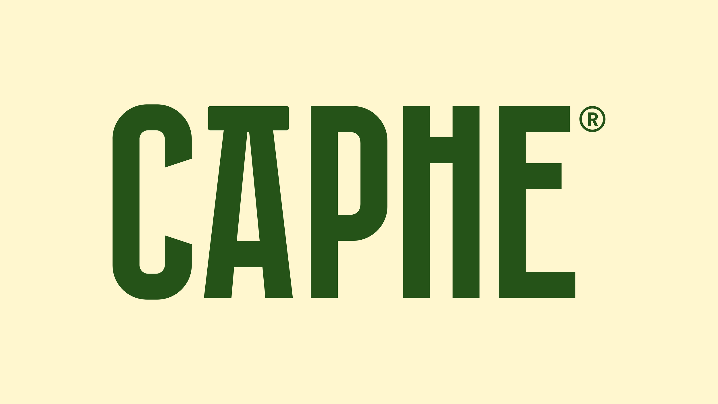 CAPHE logo in forest green on a baja white background