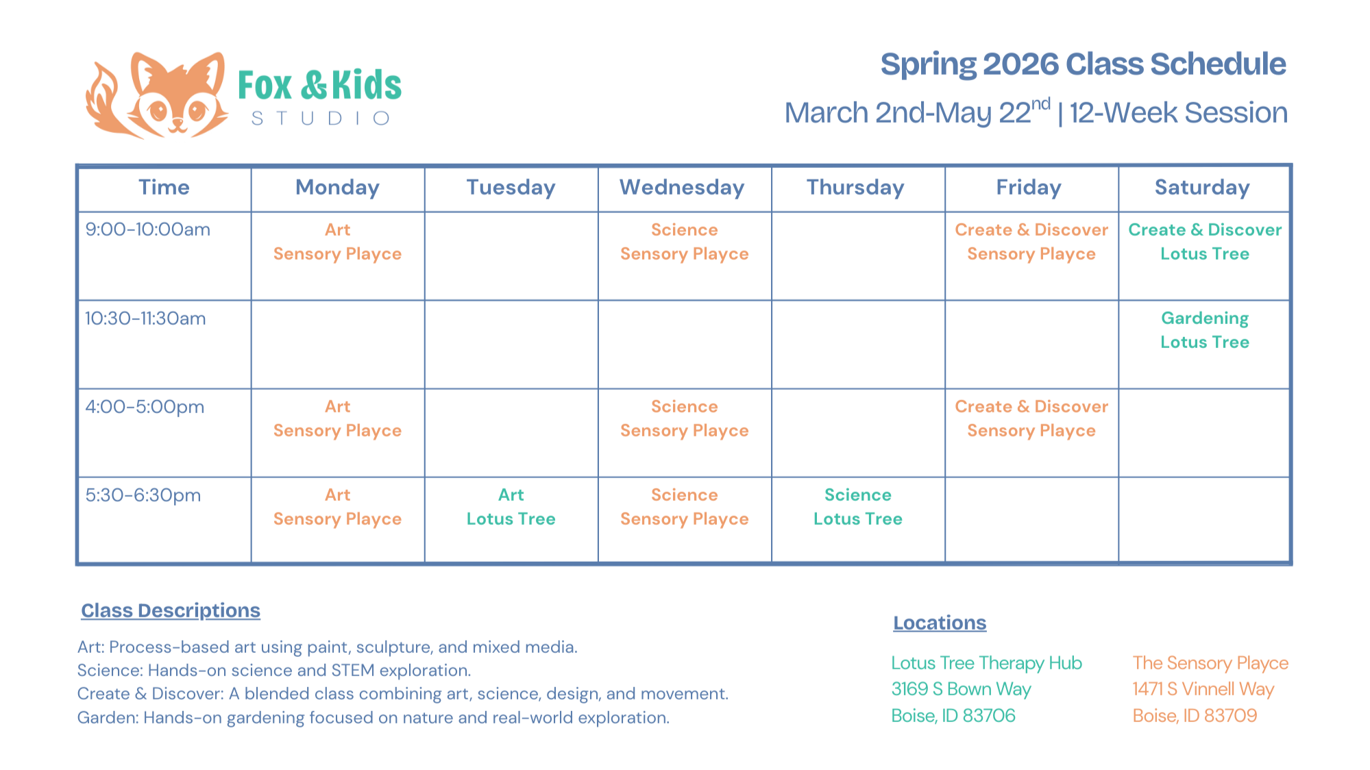 Fox & Kids Spring Class Schedule