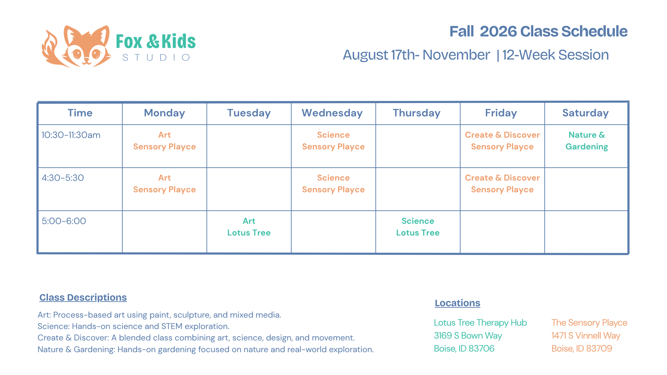 Fox and Kids class schedule for fall 2026
