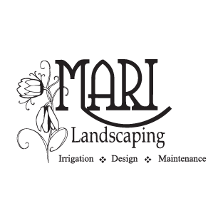 Logo for MARI Landscaping featuring stylized floral design elements and text indicating services in irrigation, design, and maintenance.