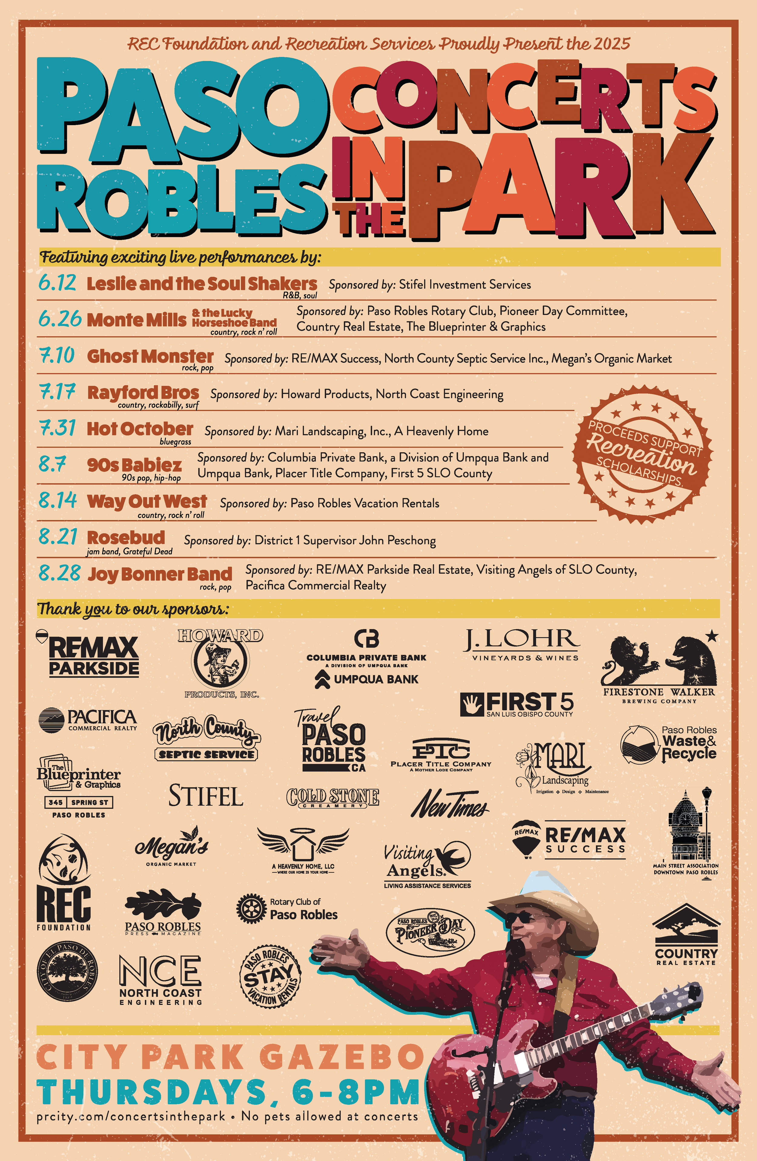 Concert schedule poster for PASO in the Park in Robles, listing performances from June 12 to August 28, 2025, with sponsor logos at the bottom and a person playing guitar in the lower right corner.