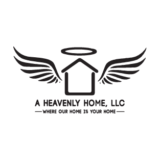 Logo for A Heavenly Home, LLC with wings, a halo, and a house, along with the slogan "Where Our Home Is Your Home".