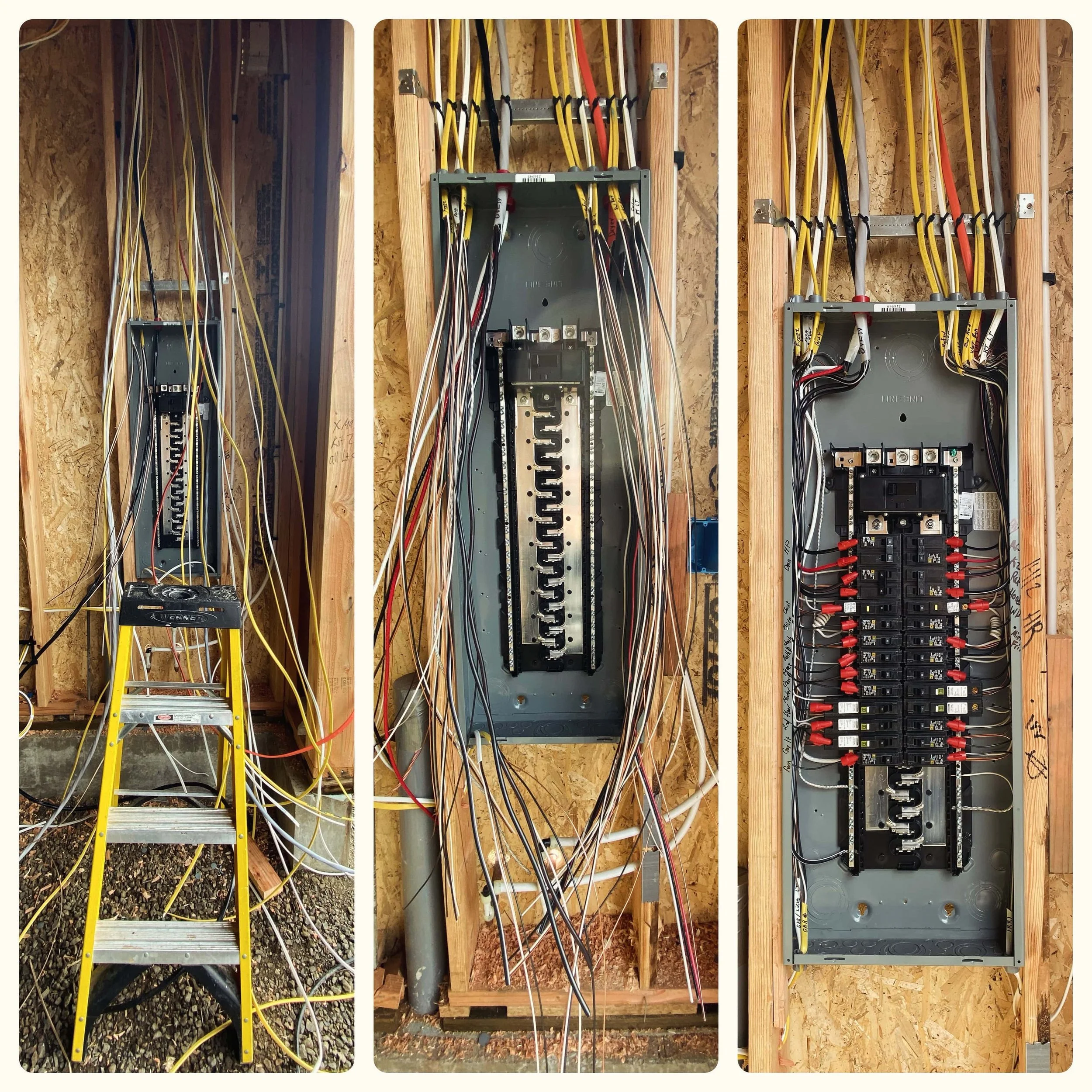 three side-by-side images of the progress of rewiring a breaker panel