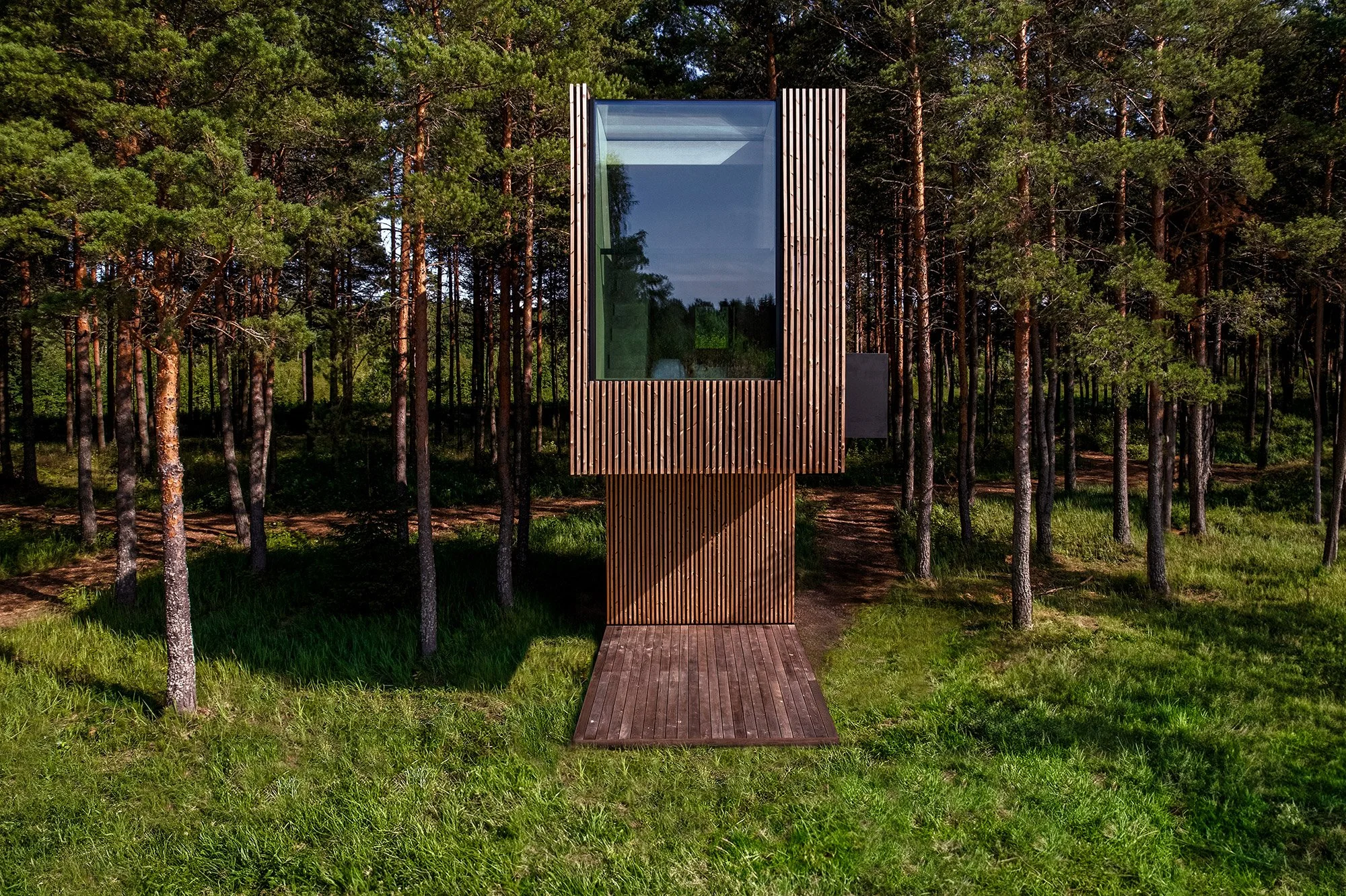 A modern wooden shelter with a large glass window is situated in a forest, with trees and grass surrounding it on all sides.