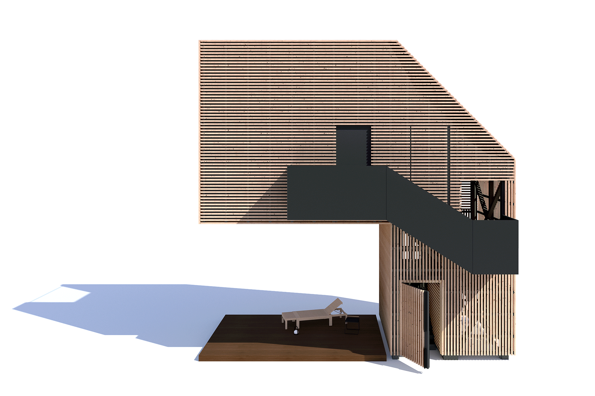 Compact two-story house with wooden exterior and black accents, featuring a sheltered outdoor deck below a cantilevered volume.