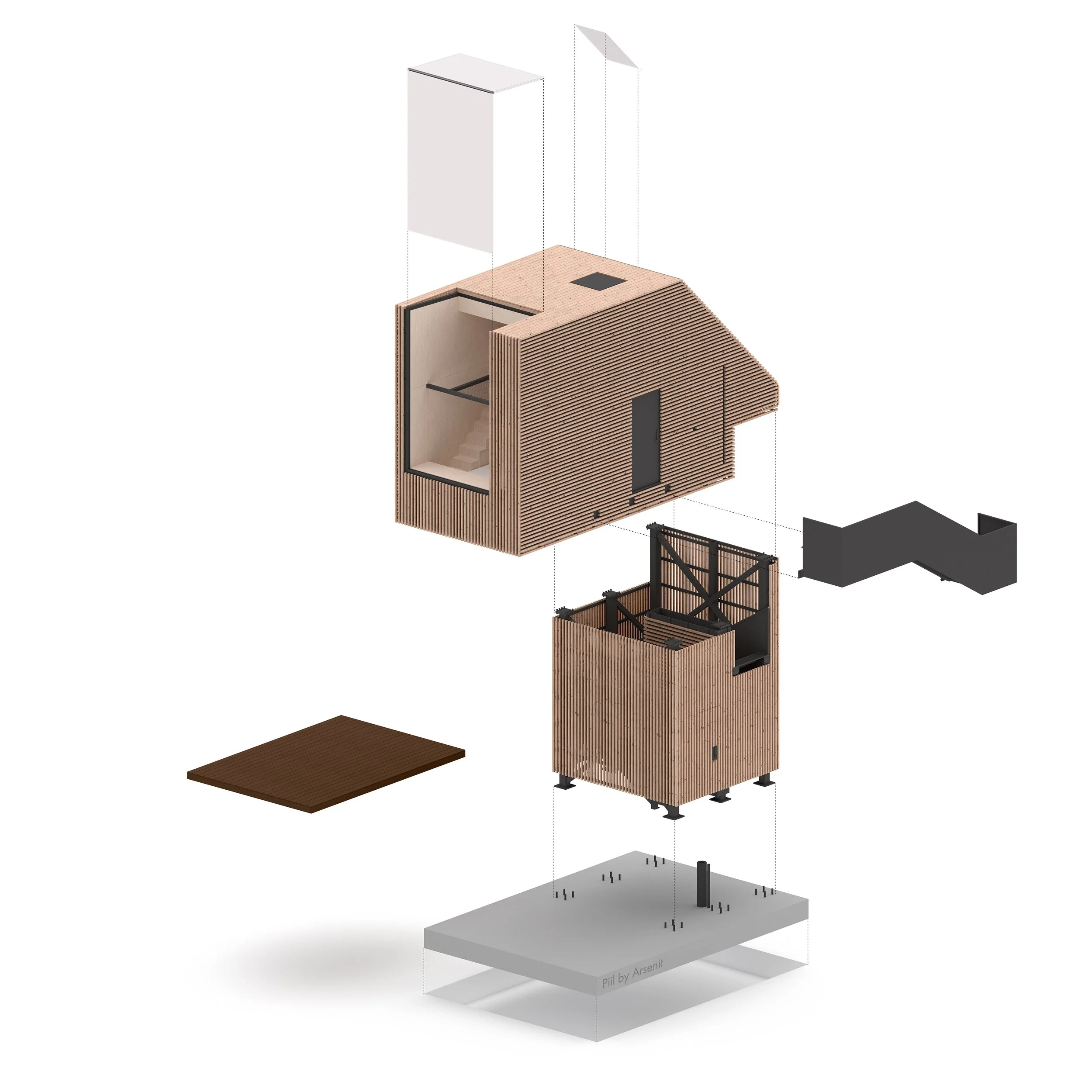 Exploded axonometric view of a small wooden house showing different modules, including a foundation, a timber terrace, the stair and support structure, an upper living compartment, and large glazing sections.