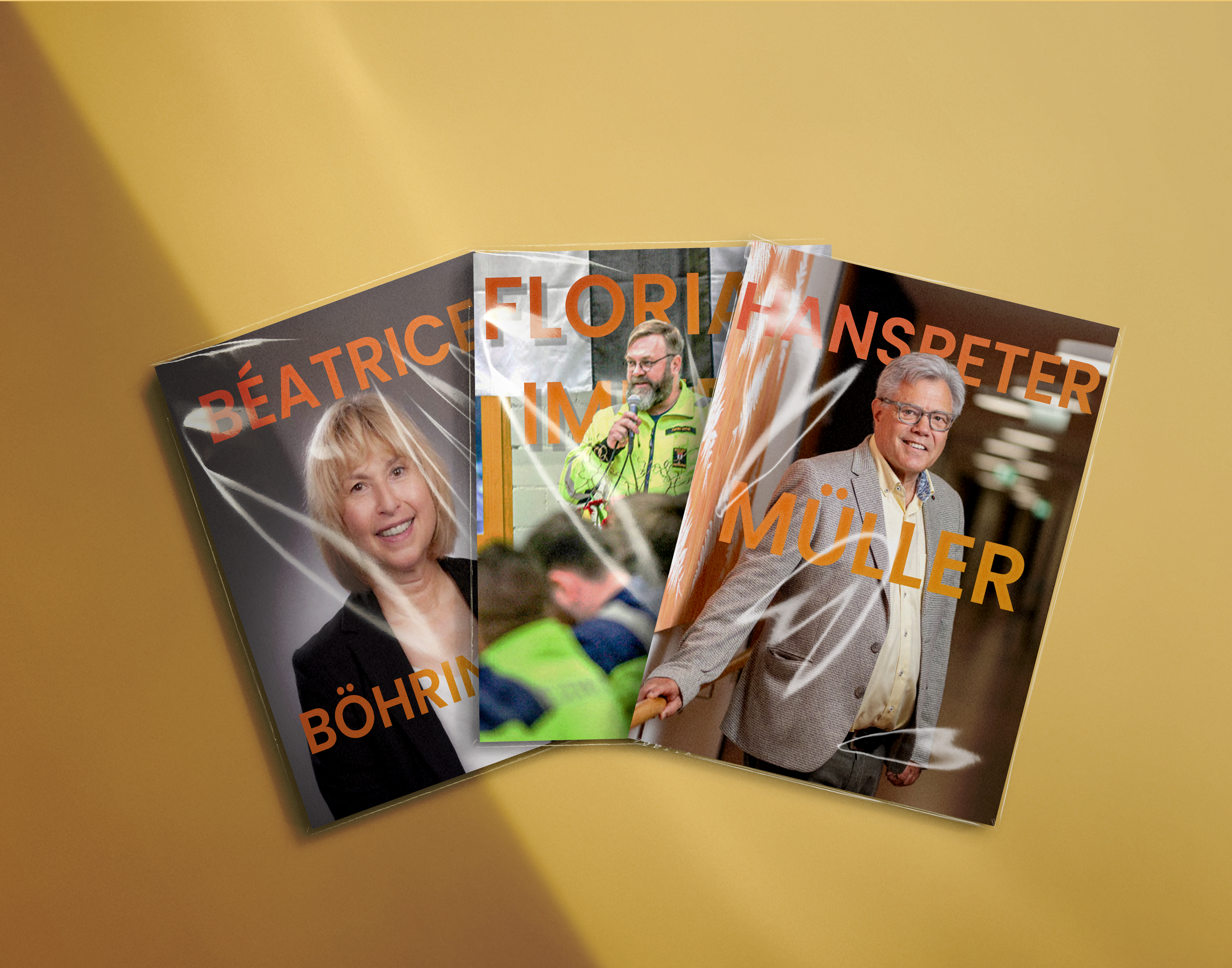 Fotomontage von mehreren Zeitschriften mit Porträts von Menschen, darunter eine weibliche Person, eine männliche Person in einem gelben Outfit und eine weitere männliche Person in einem karierten Anzug, mit sichtbarem Titeltext in Deutsch.