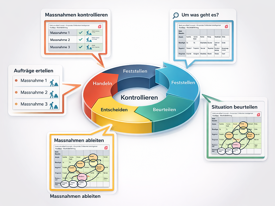 Diagramm zeigt den Prozess des Kontrollierens mit Phasen: Feststellen, Beurteilen, Entscheiden, Handeln, mit Unterpunkten und Beispielen in Tabellen und Diagrammen.