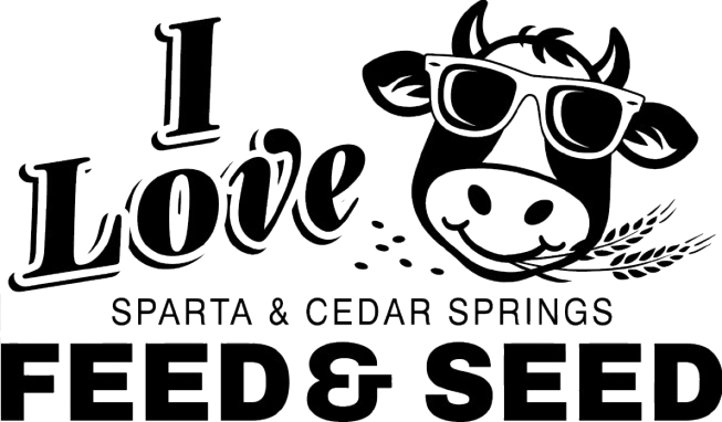 Illustration of a cow wearing sunglasses with the text "I Love Sparta & Cedar Springs Feed & Seed"