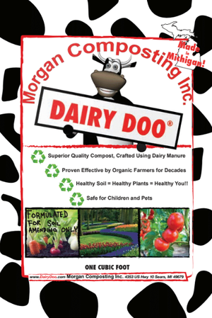 A bag of Dairy Doo organic compost produced by Morgan Composting Inc. with a cow cartoon mascot, featuring benefits like proven effective organic manure, healthy soil, and safety for children and pets, with images of soil amendments and plants.