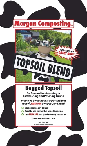 Packaging for Morgan Composting's Topsoil Blend, featuring an animated cow character, with details about use for general landscaping, bagged topsoil, and outdoor gardening.