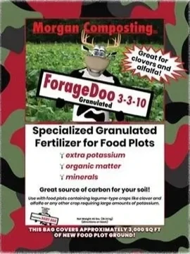 A bag of Morgan Composting Foragedoo, specialized granulated fertilizer for food plots with organic matter, extra potassium, and minerals, designed for clover and alfalfa.