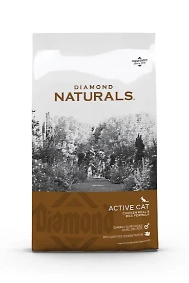 Bag of Diamond Naturals Active Cat dry cat food with chicken meal in rice formula, featuring a black and white forest scene on the packaging.