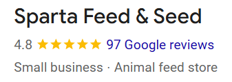 Screenshot of Sparta Feed & Seed business listing with 4.8 stars from 97 reviews, categorized as a small business and animal feed store.