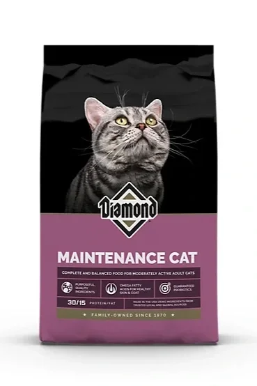 Packaging of Diamond Maintenance Cat food featuring a gray tabby cat looking up, with a black background and purple label.