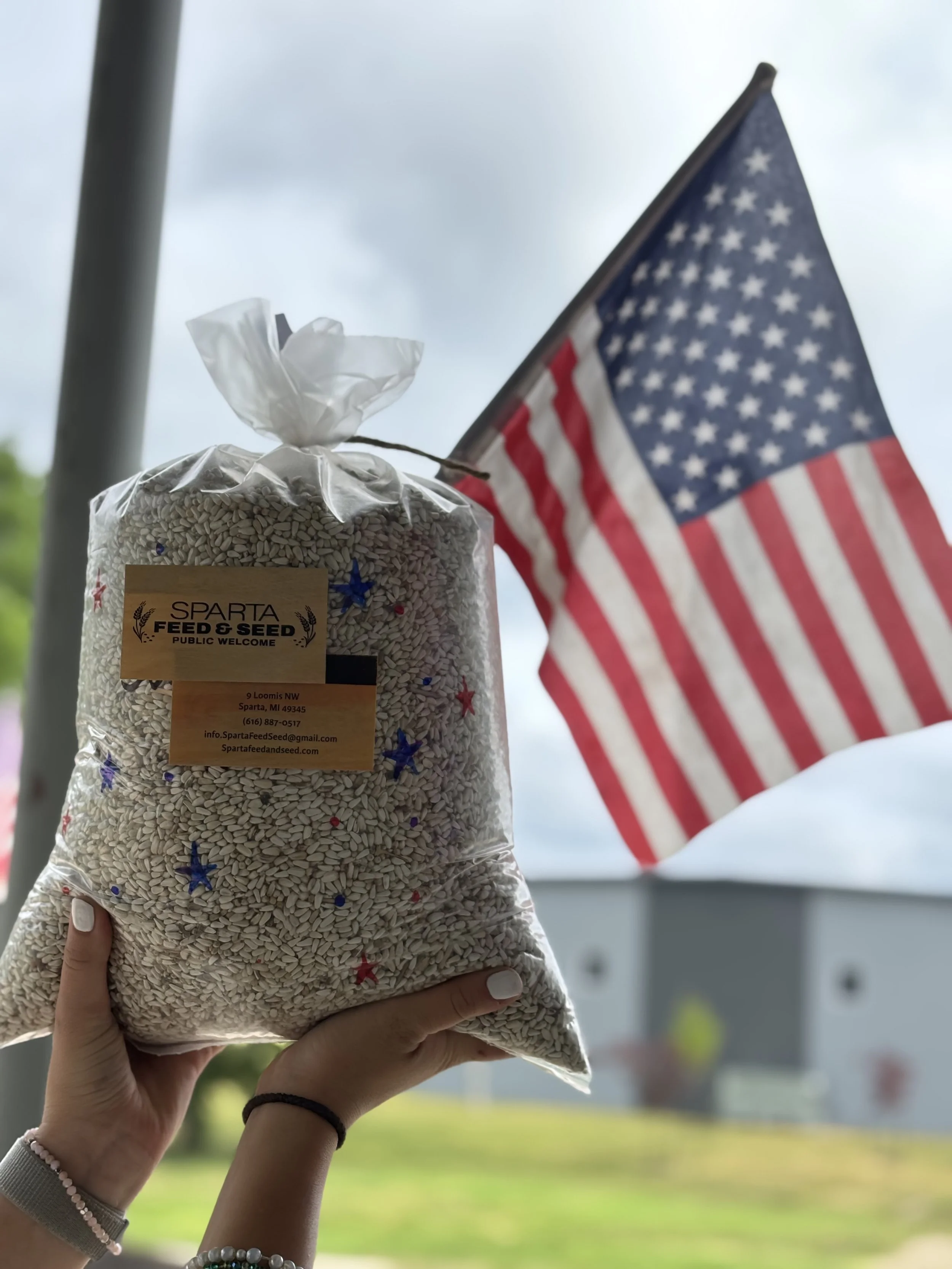 Person holding a bag of white sunflower seeds in front of an American flag outdoors on a cloudy day.