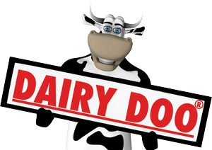 Dairy Doo mascot, a cow holding a Dairy Doo sign