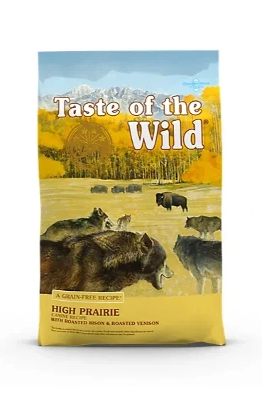 Package of Taste of the Wild High Prairie grain-free dog food with images of wild animals in a prairie landscape.
