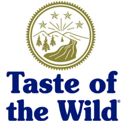 Taste of the Wild logo featuring a mountain landscape with trees, a winding road, and five stars surrounded by a circular gold border.