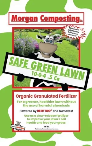 A colorful poster for Morgan Composting promoting Safe Green Lawn fertilizer, showing a cartoon cow mascot holding a sign, with information about organic fertilizer made from dairy manure