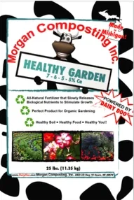 Packaging of Morgan Composting Inc. Healthy Garden compost, 25 lbs, with labels highlighting benefits like natural fertilizer, organic gardening, and healthy soil and plants.