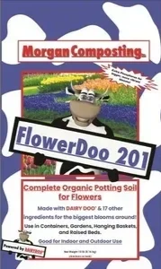 Packaging for Morgan Composting FlowerDoo 201, organic potting soil with vegetables, flowers, gardening supplies, and outdoor use.