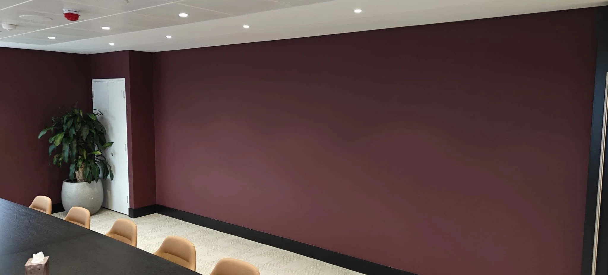 An empty conference room with a long black table, beige chairs, a large potted plant, a white cabinet, and a purple accent wall. The ceiling has recessed lighting and a red fire alarm.