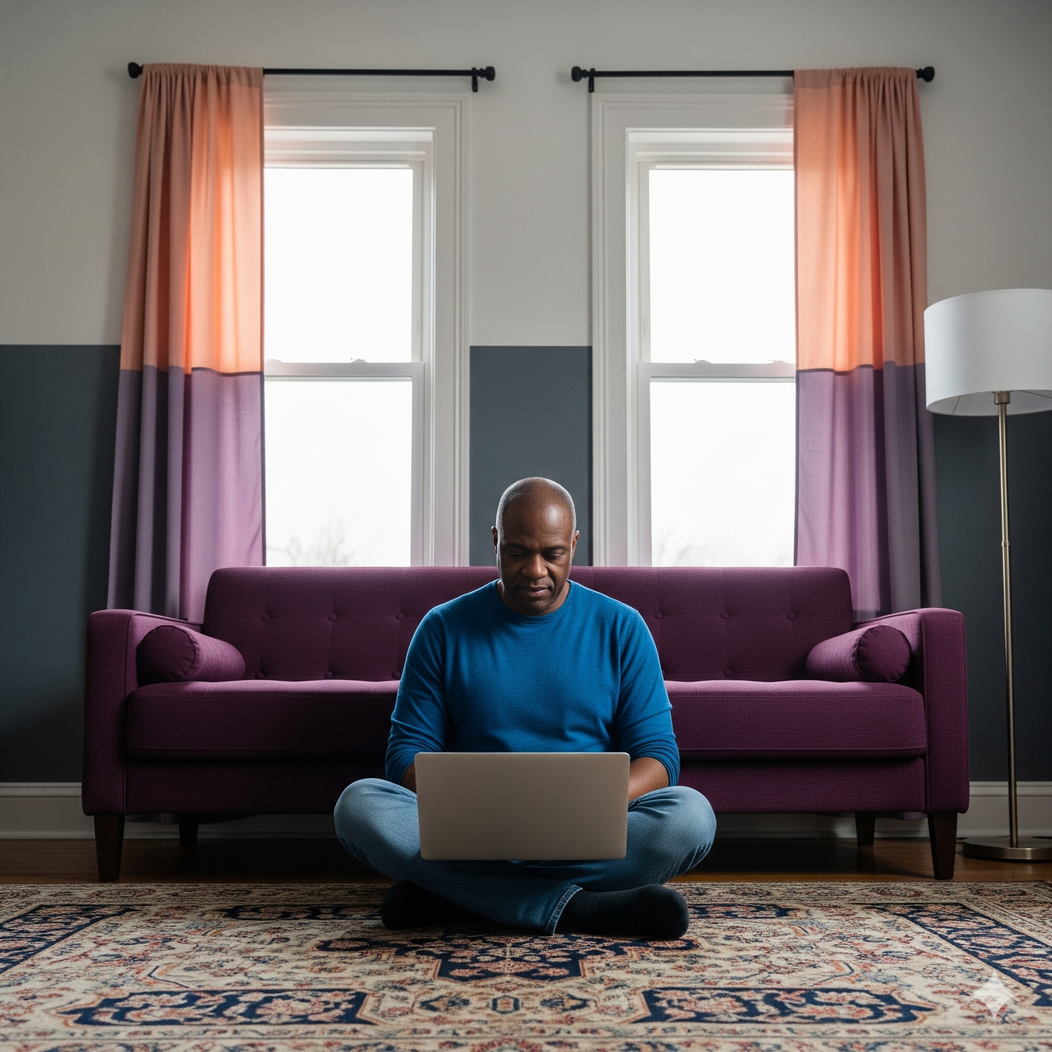 A man using a laptop, sitting in front of a purple sofa inside a living room.