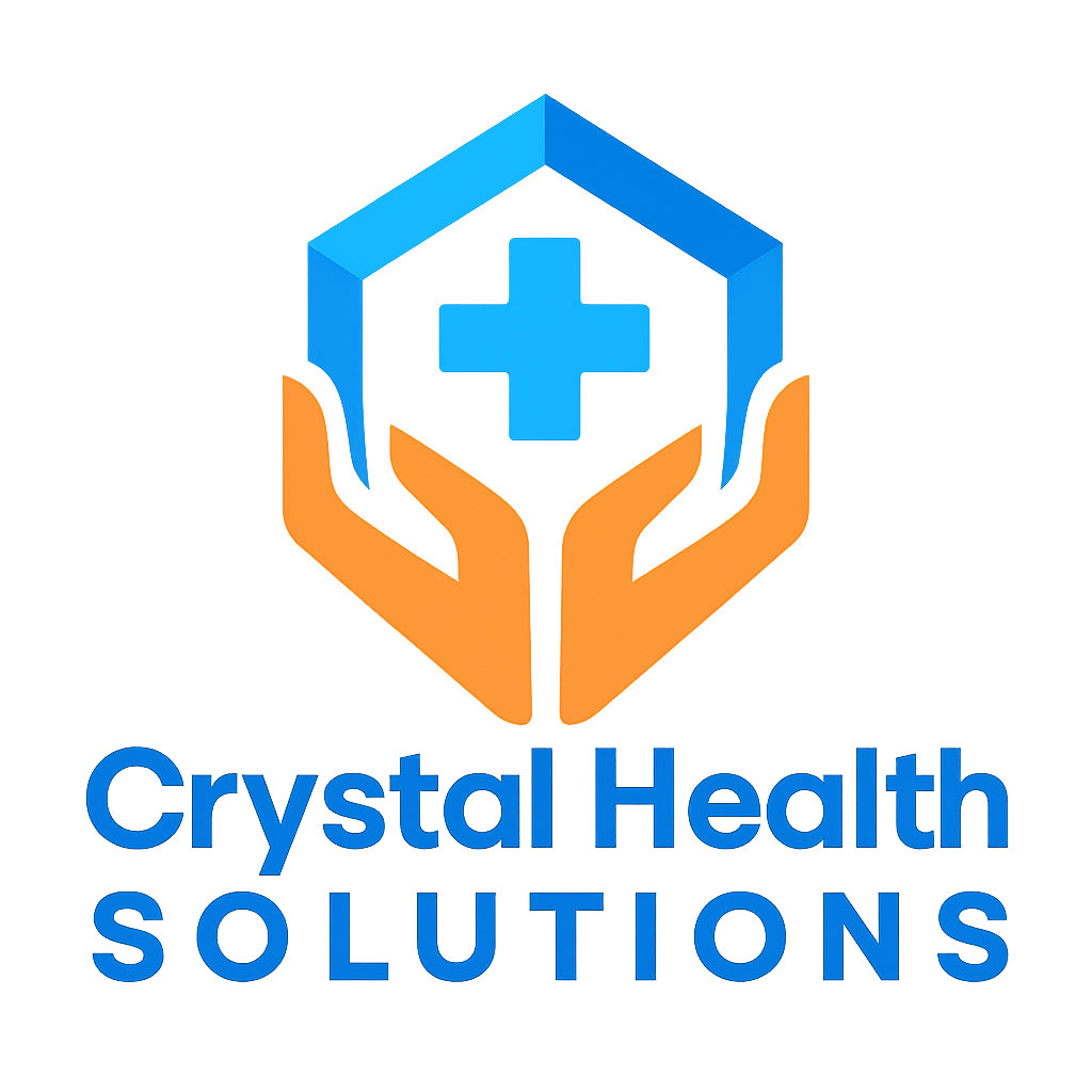 Logo of Crystal Health Solutions featuring a blue and orange cube with a plus sign.