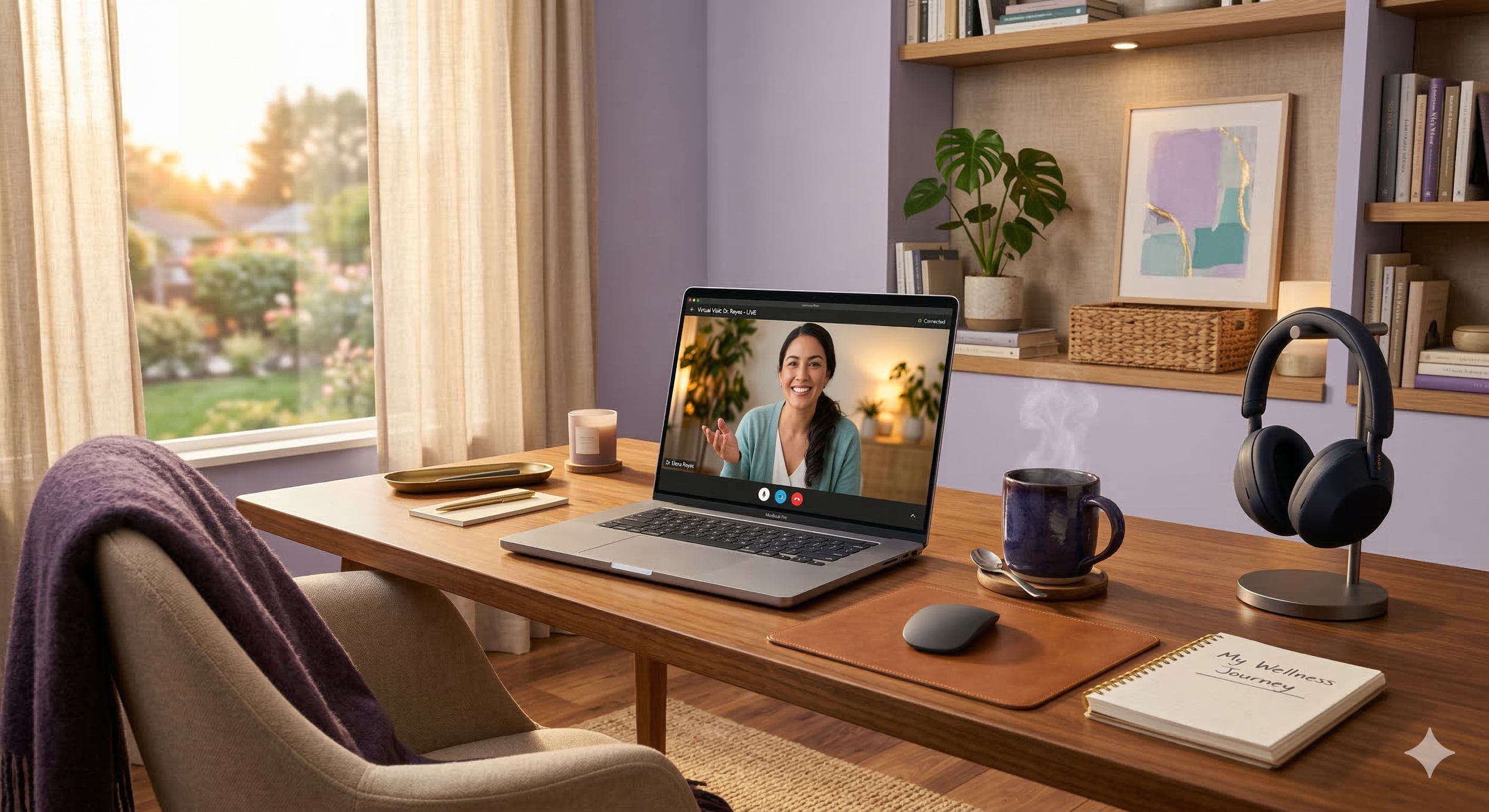 Home office with a wooden desk and an open laptop with a video call.